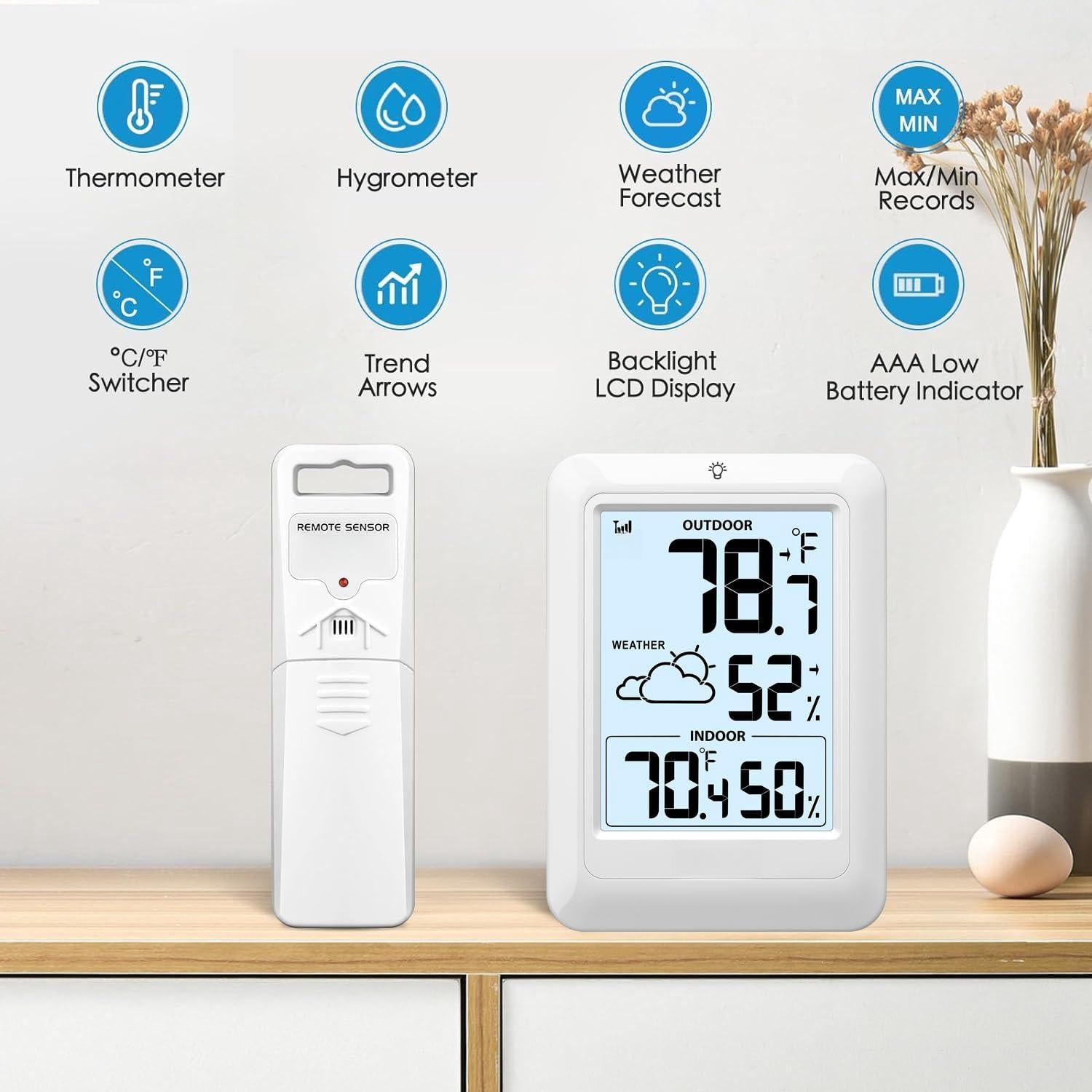 Indoor Outdoor Wireless Weather Station  Internal External Hygrometer Home Batteryoperated Temperature Humiditymonitors330 Feet (about 100 Meters) Backlight Display (white)