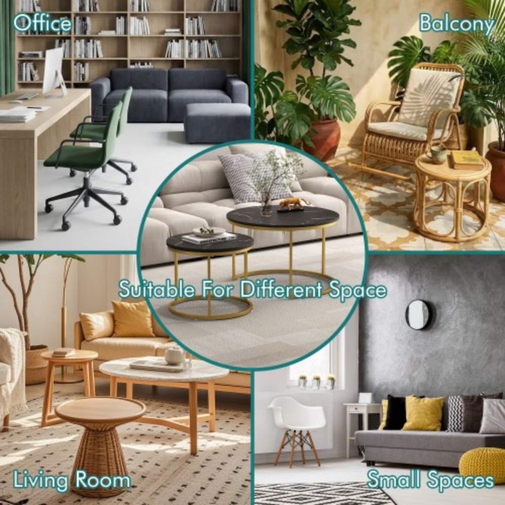 27.6" Nesting Coffee Table Set of 2, Round Wood Marble Pattern Top with Sturdy Metal Frame, Stackable End Tables for Living Room, Bedroom, Office, Black & Gold