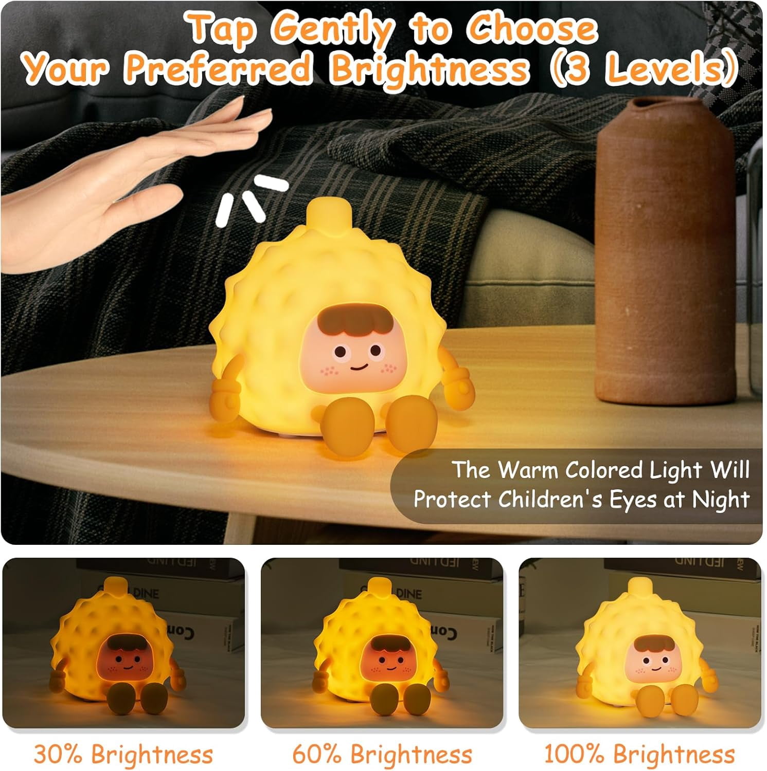 Durian Night Light, Friendly Silicone Cute Night Light for Kids, 3 Levels of Adjustable Warm Light Night Lamp Nightlight, Bedside Touch Lamp, Unique Gifts, Funny Gifts for Kids Toddler Baby