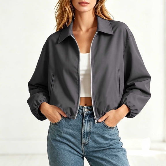 Karymi Blouses for Women Collared Zip Up Cropped Jacket, Elastic Bubble Hem Long Sleeve Windbreaker Coat with Side Pockets Workout Tops for Women