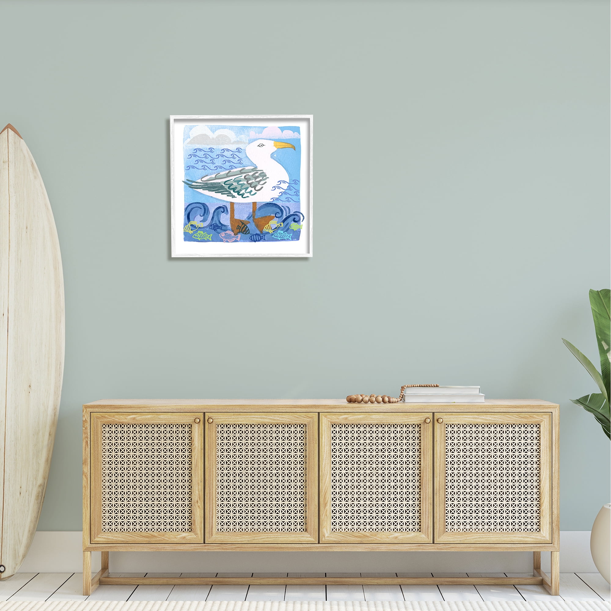 Stupell Industries Whimsical Seagull Bird Layered Ocean Waves Painting Graphic Art White Framed Art Print Wall Art, Design by unknown