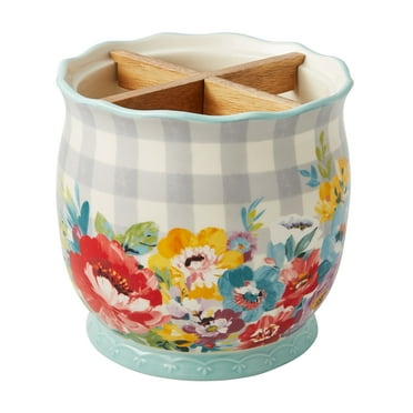 The Pioneer Woman Sweet Romance Ceramic Utensil Crock with Wood Divider