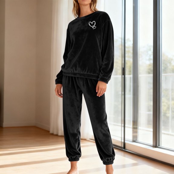 gbyLJF Thermal Fleece Pajama Set for Women Solid Color Round Neck Long Sleeve Tops and Elastic Waisted Pants Loose 2 Piece Sleepwear