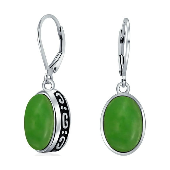 Western Style 3.2CT Dyed Quartz Simulated Green Jade Color Gemstone Oval Bezel Set Lever Back Dangle Earrings for Women .925 Sterling Silver