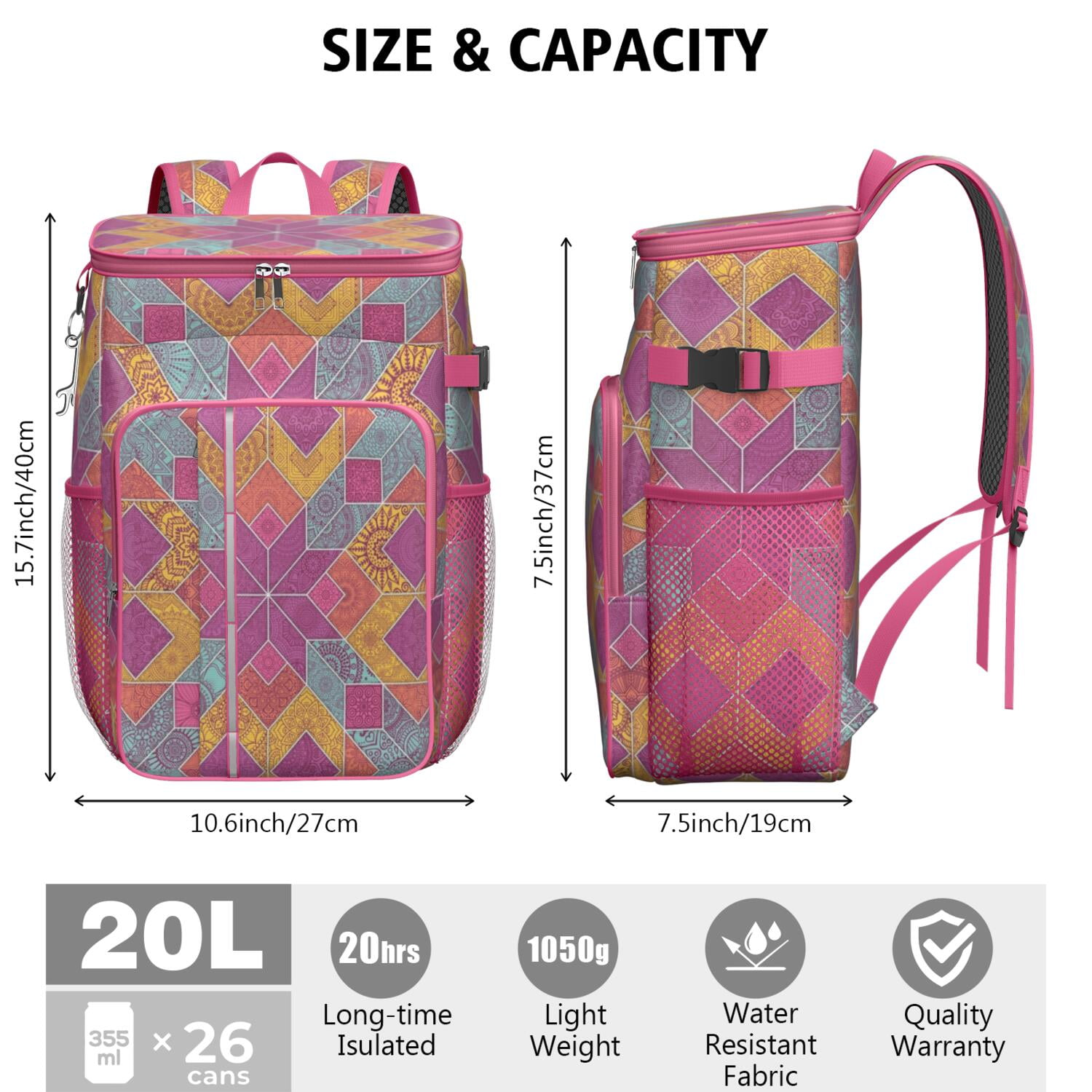 Travel Cooler Bag - Boho Bohemia Flower Camping Beer Cooler Backpack with Bottle Opener- Waterproof Insulated Picnic Backpacks - Cooler Bag for Beach