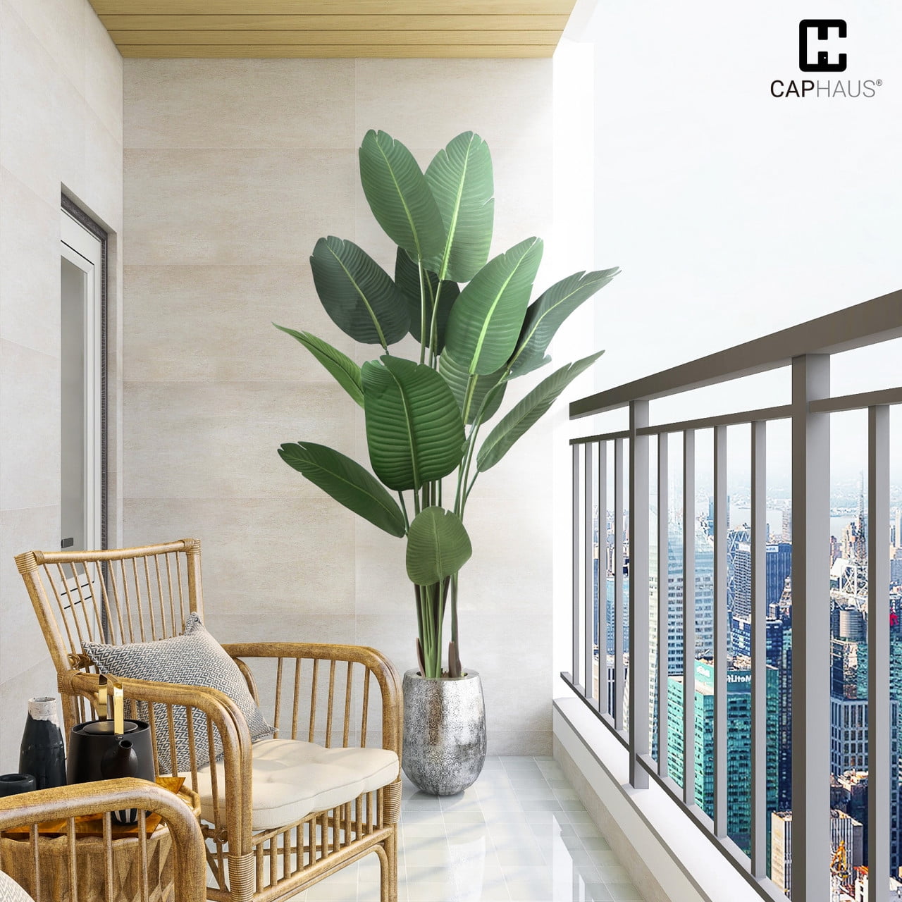 CAPHAUS Artificial Bird of Paradise, Fake Palm Tree Potted Plant, Faux Banana Leaf Tree Plant in Pot with Dried Moss for Office, Indoor, Outdoor, 4 Feet, 48 Inch with 8 Trunks