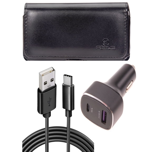 Case Belt Clip & 36W PD Fast Car Charger for iPhone 15 Pro - Leather Swivel Holster Loops and 6ft USB-C Cable 2-Port Long Cord Power Adapter D7G for iPhone 15 Pro (6.1")