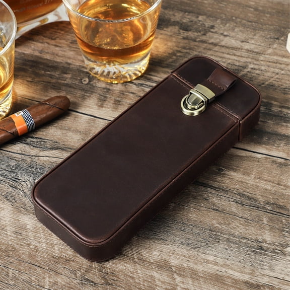 Leather 3 Cigar Case with Brass Buckle, Handmade Travel Humidor Box, Crazy Horse Cowhide – Holds 3 Cigars, Portable Storage for Men’s Accessories