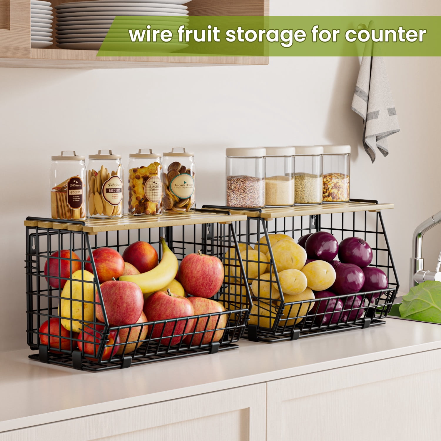 TINANA Stackable Fruit Baskets with Lid, 3 Pack Hanging Wire Fruit Basket for Kitchen Counter, Pantry Organizer for Fruits, Potatoes, Onions, Black
