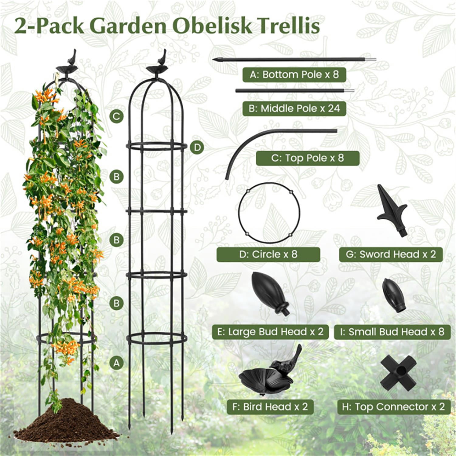 Spaco 2-Pack Garden Obelisk Trellis for Climbing Plants, Garden Tomato Cage, Decorative Rustproof Cucumber Trellis for Indoor & Outdoor, Black