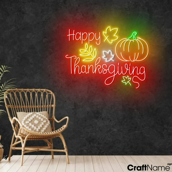 Craftnamesign Happy Thanksgiving Neon Light Up Wall Art For Fall Season Decor