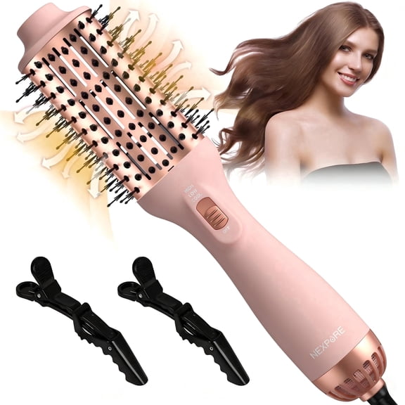 NEXPURE Blow Dryer Brush for Thick Hair – 4 in 1 Hair Dryer Brush Ionic Ceramic Titanium Hot Air Volumizer & Anti-Frizz Styler, Pink