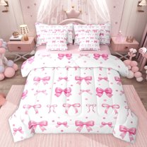 jejeloiu Kawaii Bow Ribbon 7 Pieces Bedding Comforter Set,Pink Cute Dots Full Bedding Set For Girls Teens Reversible