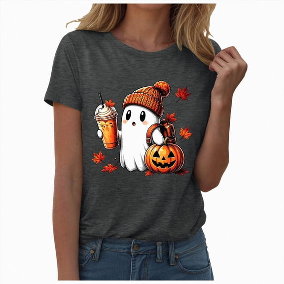 TOWED22 Halloween Teacher Shirts for Women Cute Pumpkin Ghost with Coffee Graphic T-Shirt Casual Fall Teacher Tee Tops(Dark Gray,XXL)