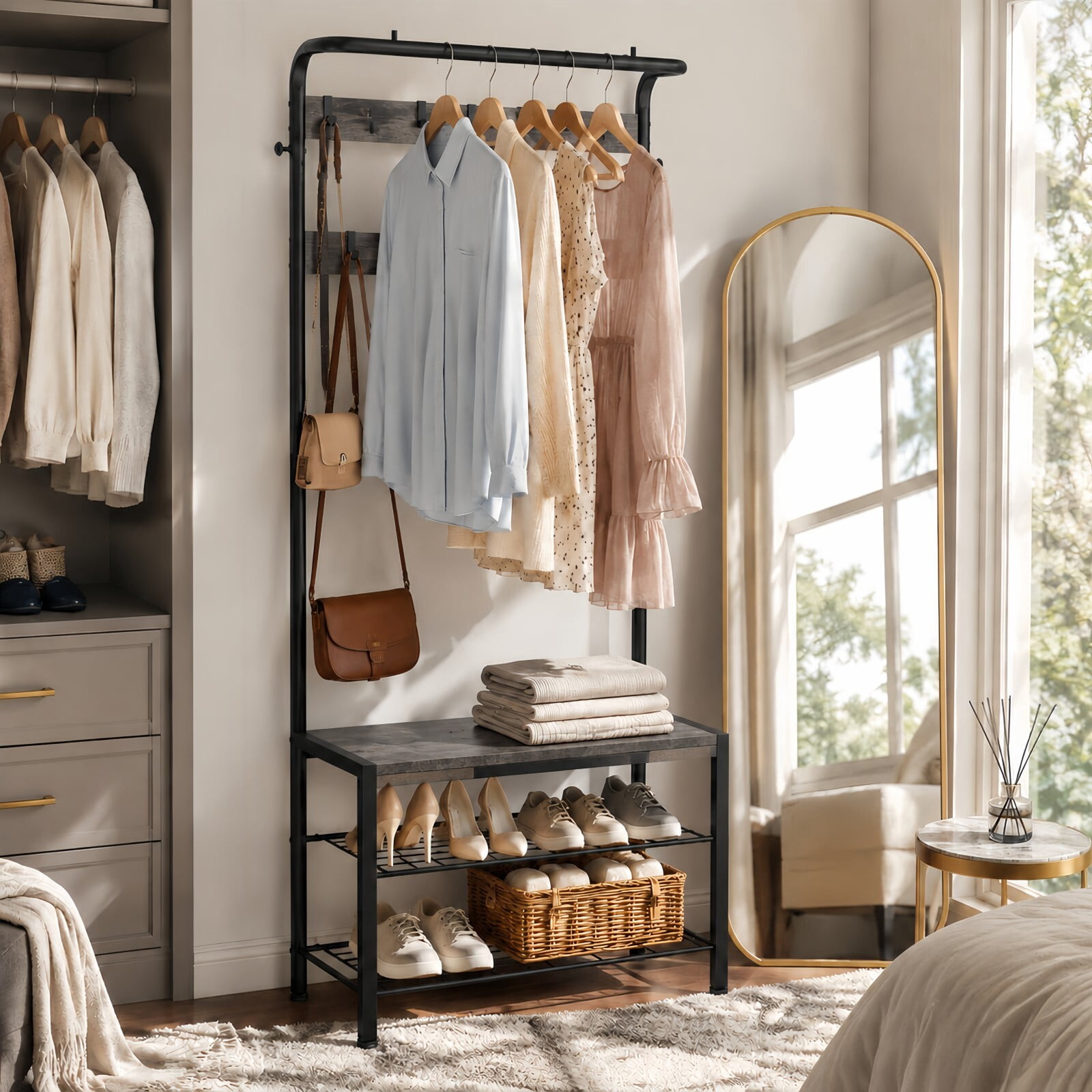 Kelno 72"x28" Hall Tree with Shoe Bench Industrial Entryway Coat Rack with Hanging Rod 10 Removable Hooks 2-Tier Shoe Storage, Gray
