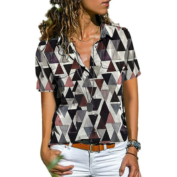 Avamo Ladies Loose Lapel Neck Shirts Short Sleeve Casual Tops Women Geometric Print Party Tunic Shirt
