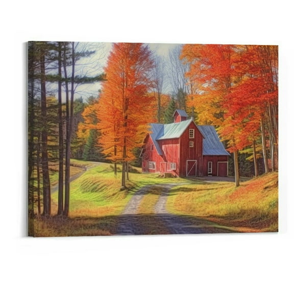 Creowell  Autumn Paintings Aesthetic Fall Canvas Wall Art for Home Office Decor - Fall Farm Landscape with Red House Pictures Print On Canvas Artwork Ready to Hang 20x16 Inch