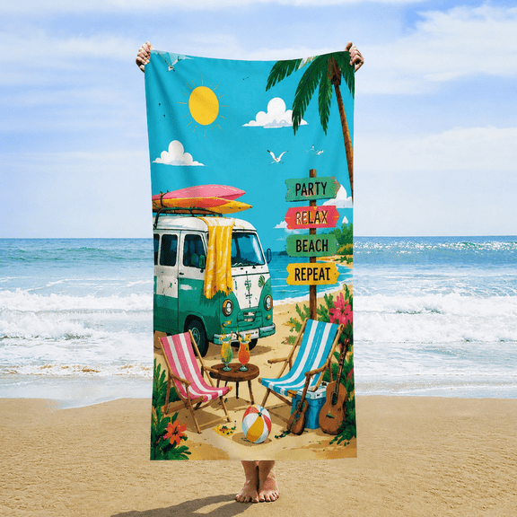 Oversized Beach Towel, Tropical Beach Camper Van Print, Quick Dry Towel for Adults, Swimming Pool, Cruise, Vacation, Picnic, Travel Accessories