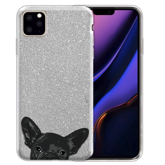 FINCIBO Silver Gradient Glitter Case Sparkle Bling TPU Cover for Apple iPhone 11 Pro 5.8" 2019, French Bulldog Puppy Dog Black