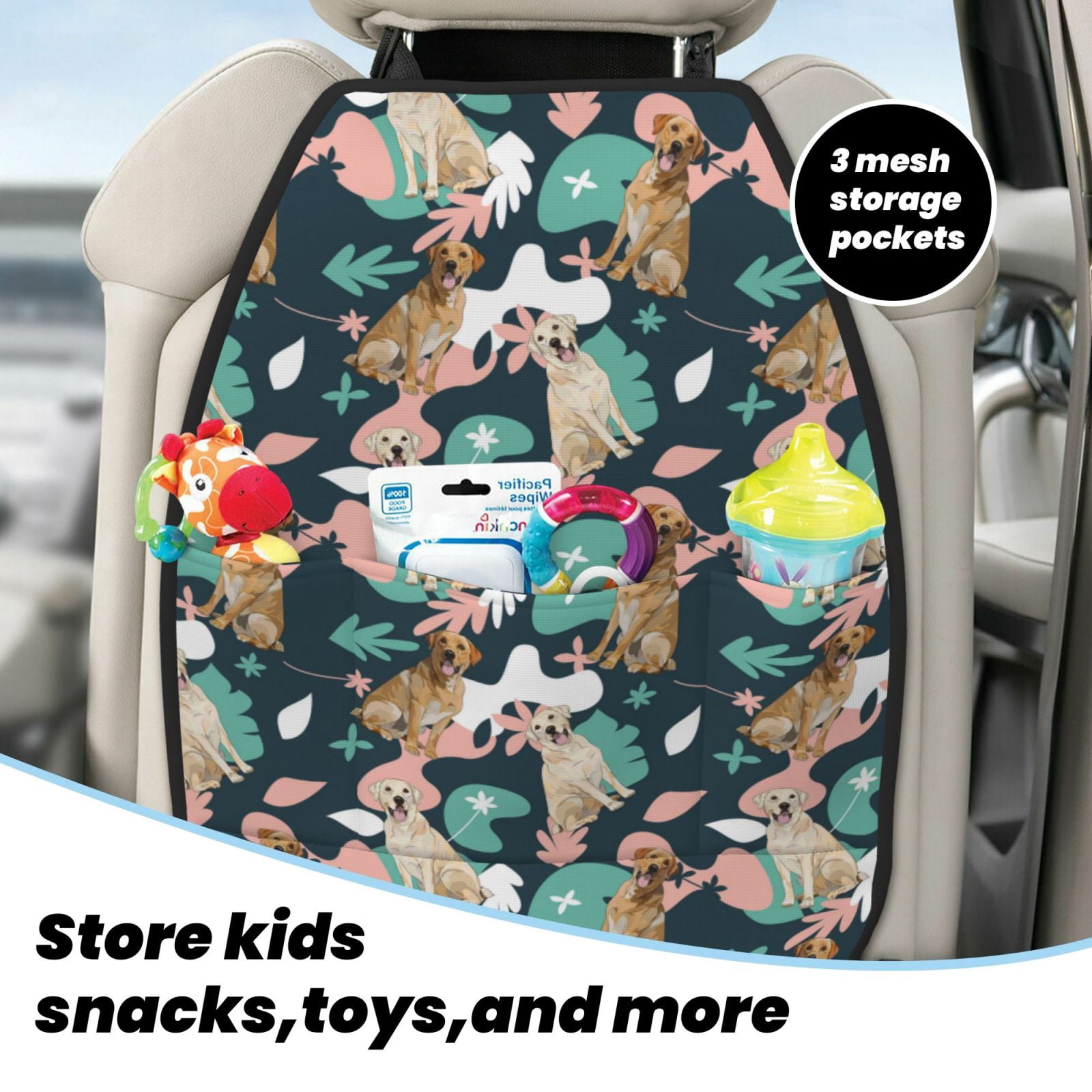 Xecao Labrador Retriever Dog Pattern Car Seat Back Protector 2 Pack Large Capacity Pocket, Kick Mats Back Seat Protector