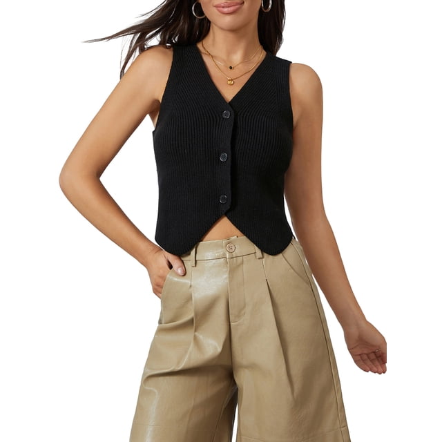 SUNSIOM Women's Knitted Vest Solid Color V-Neck Button Down Lightweight Sweater Waistcoat