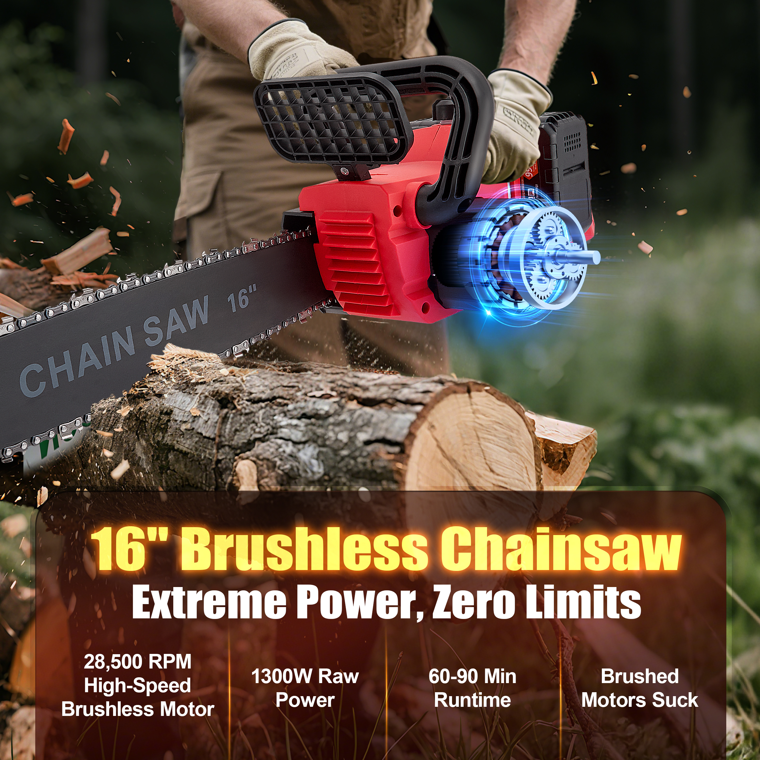 RELOIVE 16" Brushless Cordless Chainsaw, 42V 4000mAh with 3 Chains & Dual Chargers for Heavy-Duty Tree Cutting