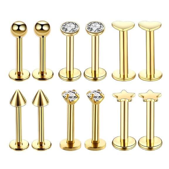 DESIGNICE 12 pcs 16G Stainless Steel CZ Trip Stud Nose Ear Golden