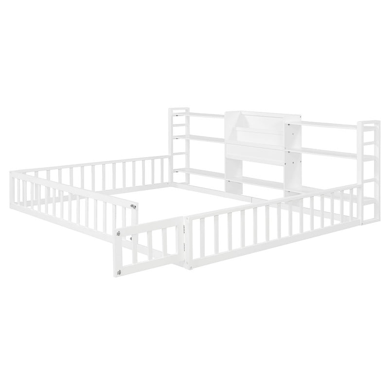 Queen Size Floor Bed Montessori Bed with Integrated Bookcase and 3-Tier Storage Shelves, Wooden Low Profile Toddler Bed Platform Bed with Safety Guardrails for Boys Girls