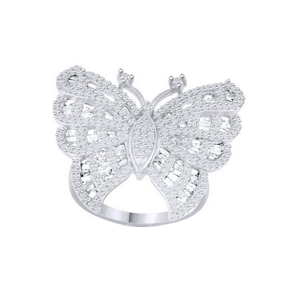 AFFY White Natural Diamond Butterfly Ring In 14k White Gold Over Sterling Silver (1.4 Cttw)