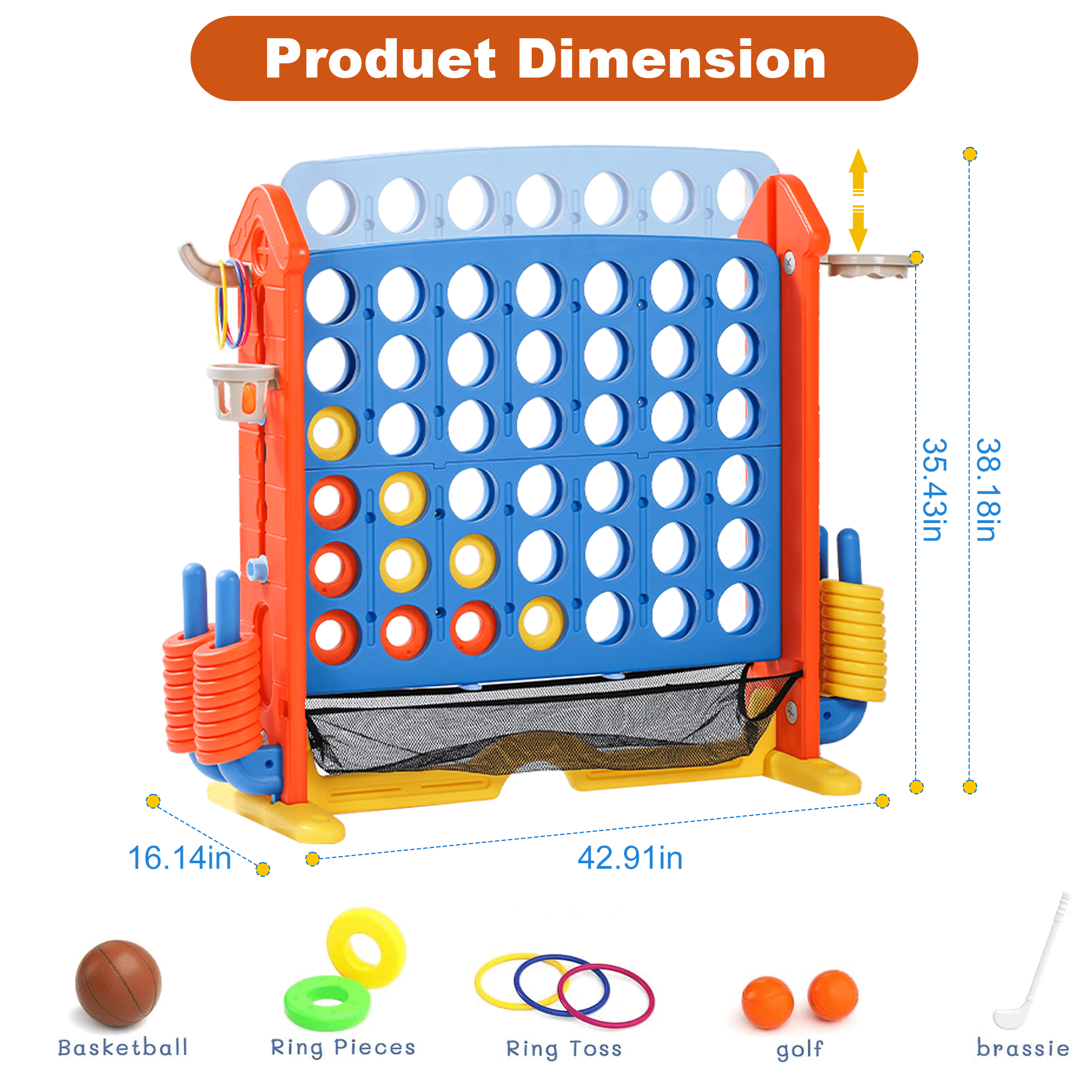 Aukfa 4-to-Score Giant Game Set,Giant 4 Row Game with Carrying Bag & Tail Design for Holiday Parties/Family Gatherings,Orange