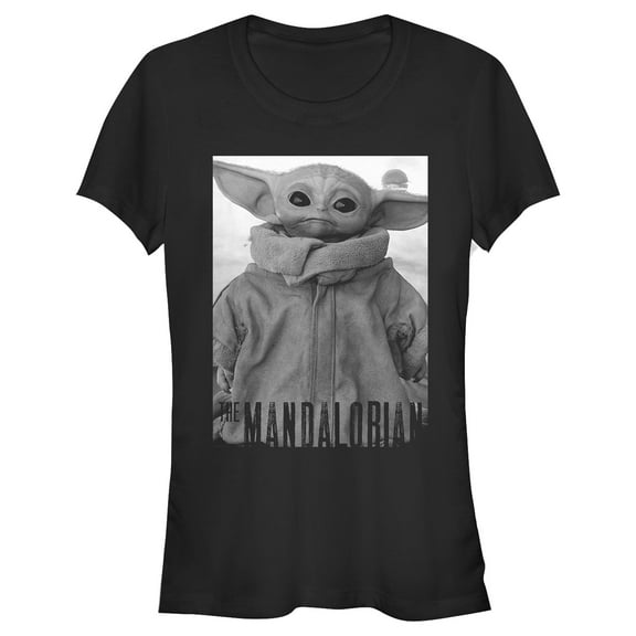 Junior's Star Wars: The Mandalorian The Child Gray Grayscale Pose Graphic Tee Black Medium