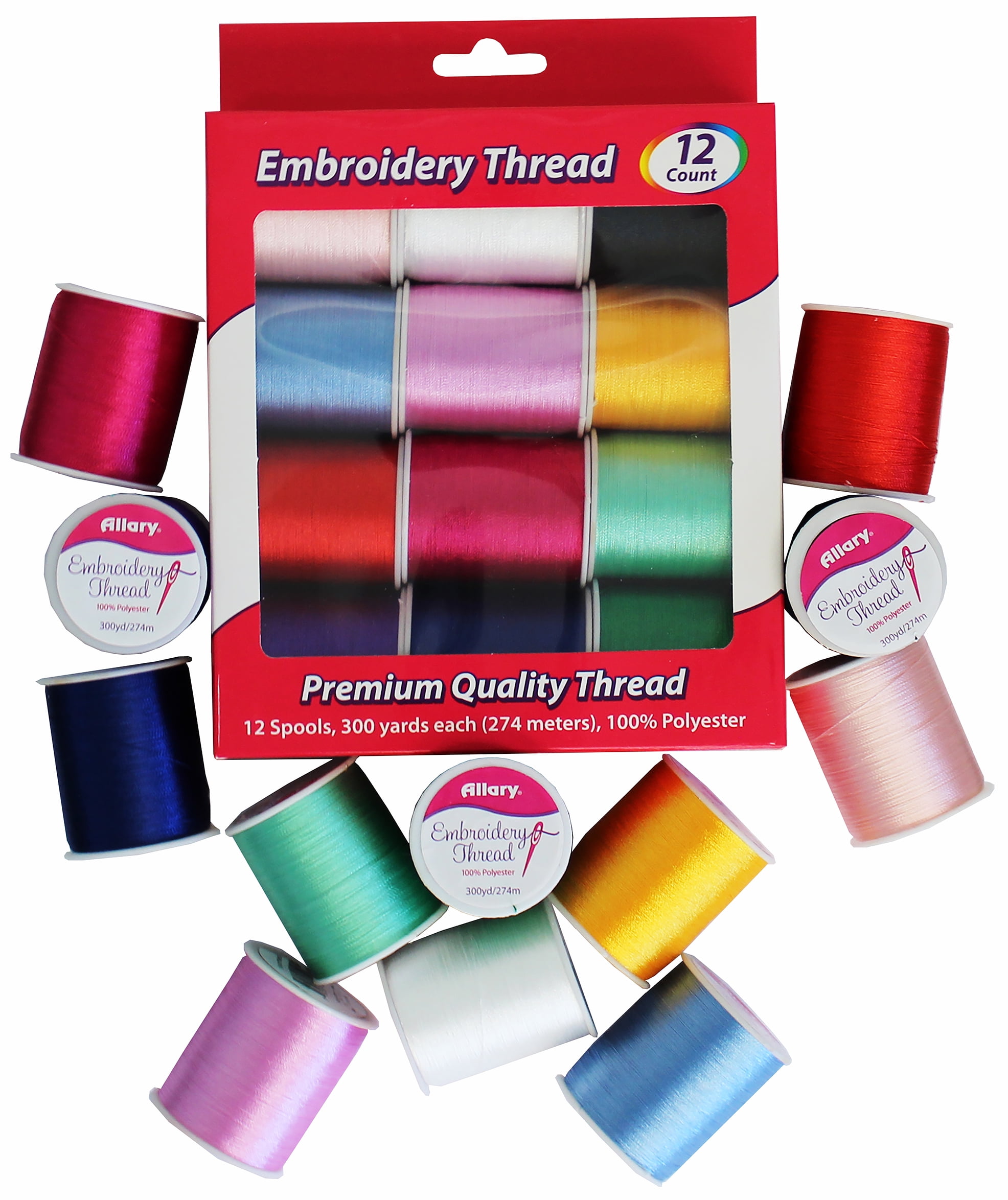 Allary  100% Polyester Embroidery Thread, Assorted Colors, 300 Yd. Spools, 12 Ct.