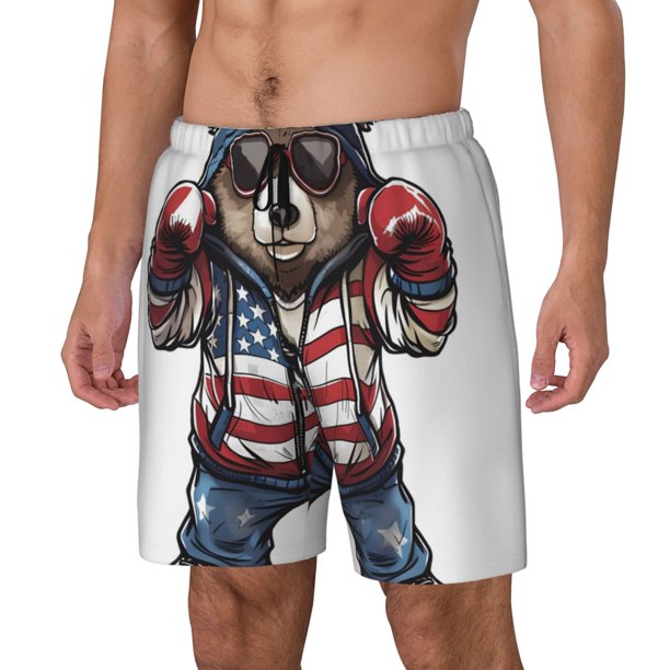 Fotbe Patriotic Boxing Bear Art Traje de Baño para Hombre – Shorts de Natación de Secado Rápido con Forro y Bolsillos-Medium