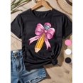 thumbnail image 1 of 1pc Coquette Bow Pencil Graphic Cotton T-Shirt - Cute Cartoon Print Loose Fit Crew Neck Short Sleeve, Breathable Soft Fabric for Boys Girls Teens, Casual Teen Wear, Playful School Theme, 1 of 7
