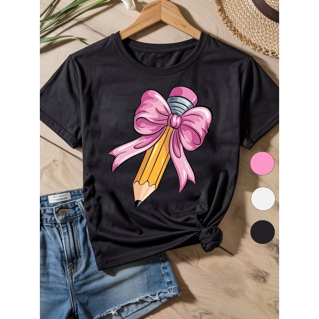 1pc Coquette Bow Pencil Graphic Cotton T-Shirt - Cute Cartoon Print Loose Fit Crew Neck Short Sleeve, Breathable Soft Fabric for Boys Girls Teens, Casual Teen Wear, Playful School Theme