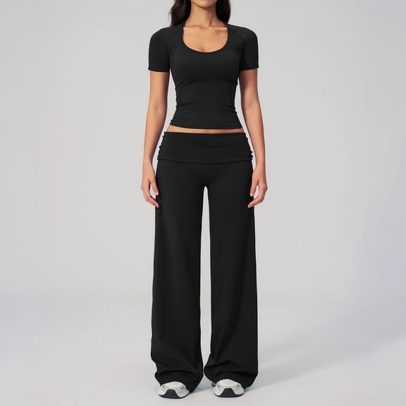 PISONIC Women Two Piece Workout Sets Short Sleeve T-Shirt Matching Butt-lifting Flare Leggings Gym Yoga Outfits