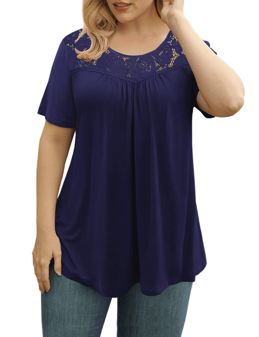 FOLUNSI Women's Plus Size Blouses Short Sleeve Shirts Lace Pleated