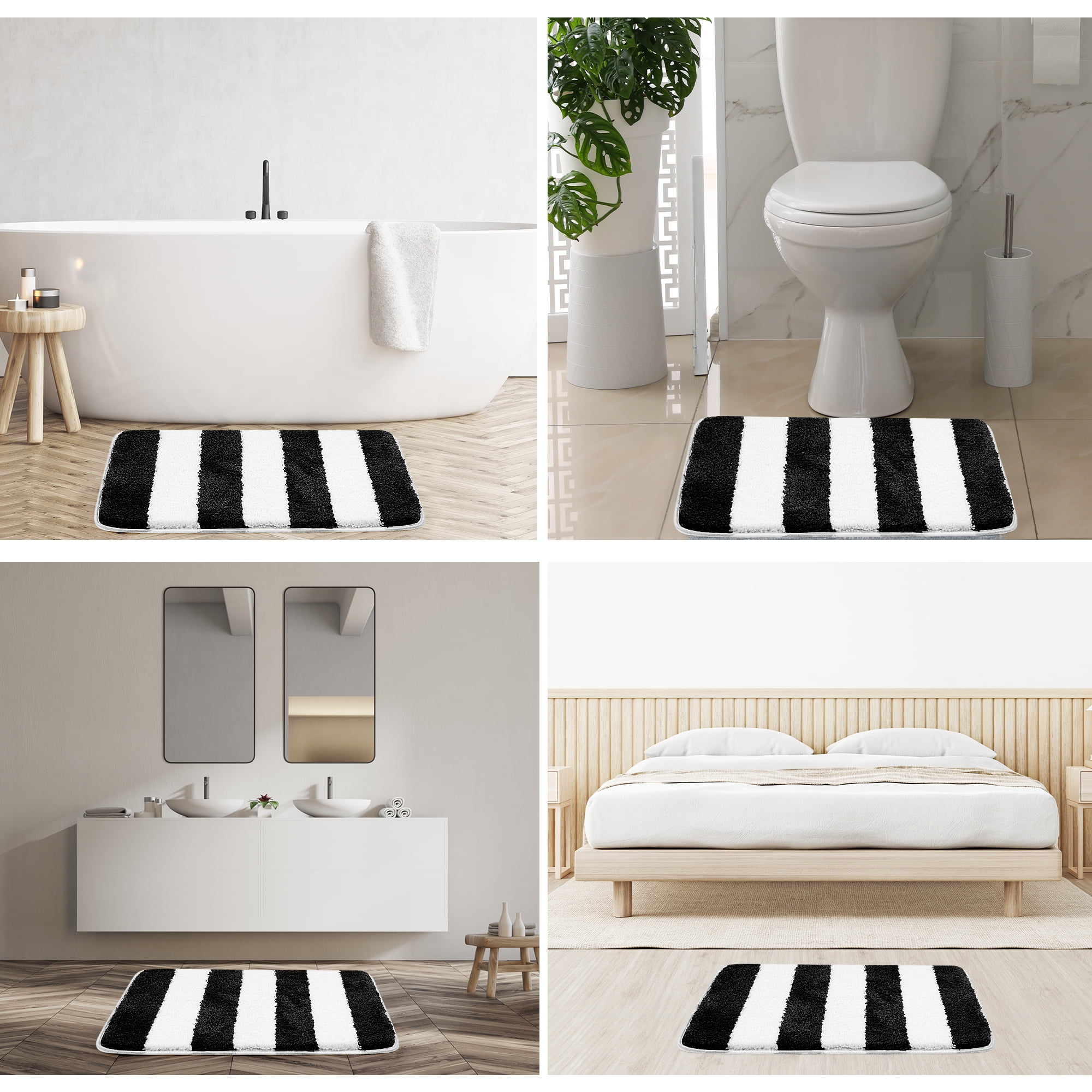 Unique Bargains Non Slip Microfiber Striped Bathroom Rugs Black&White 17"x24"