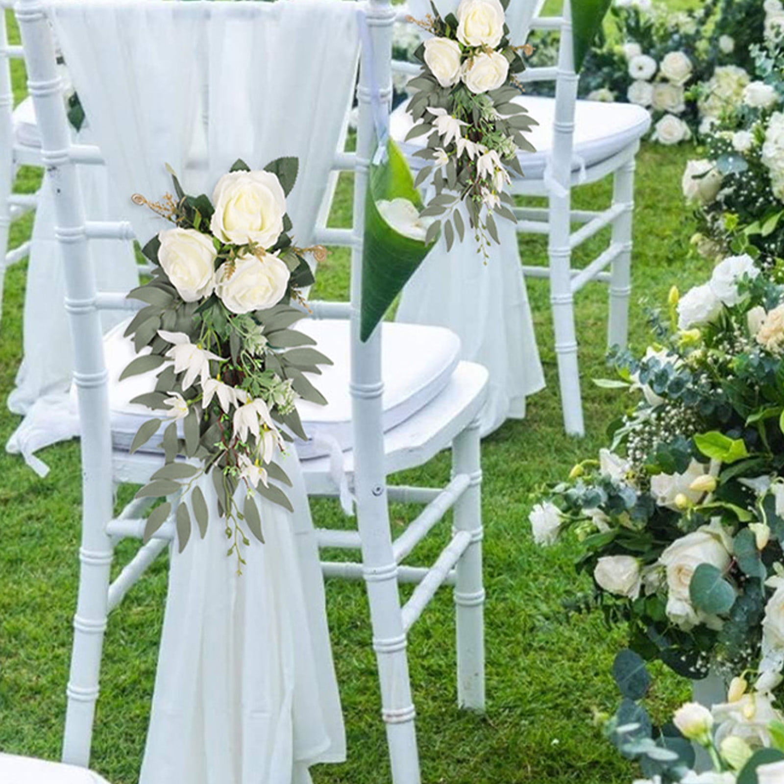 Specollect Clearance 3Pcs Wedding Aisle Decorations Pew Flowers for Wedding Ceremony Party Chair Decor with Artificial Flowers Eucalyptus and Ribbons