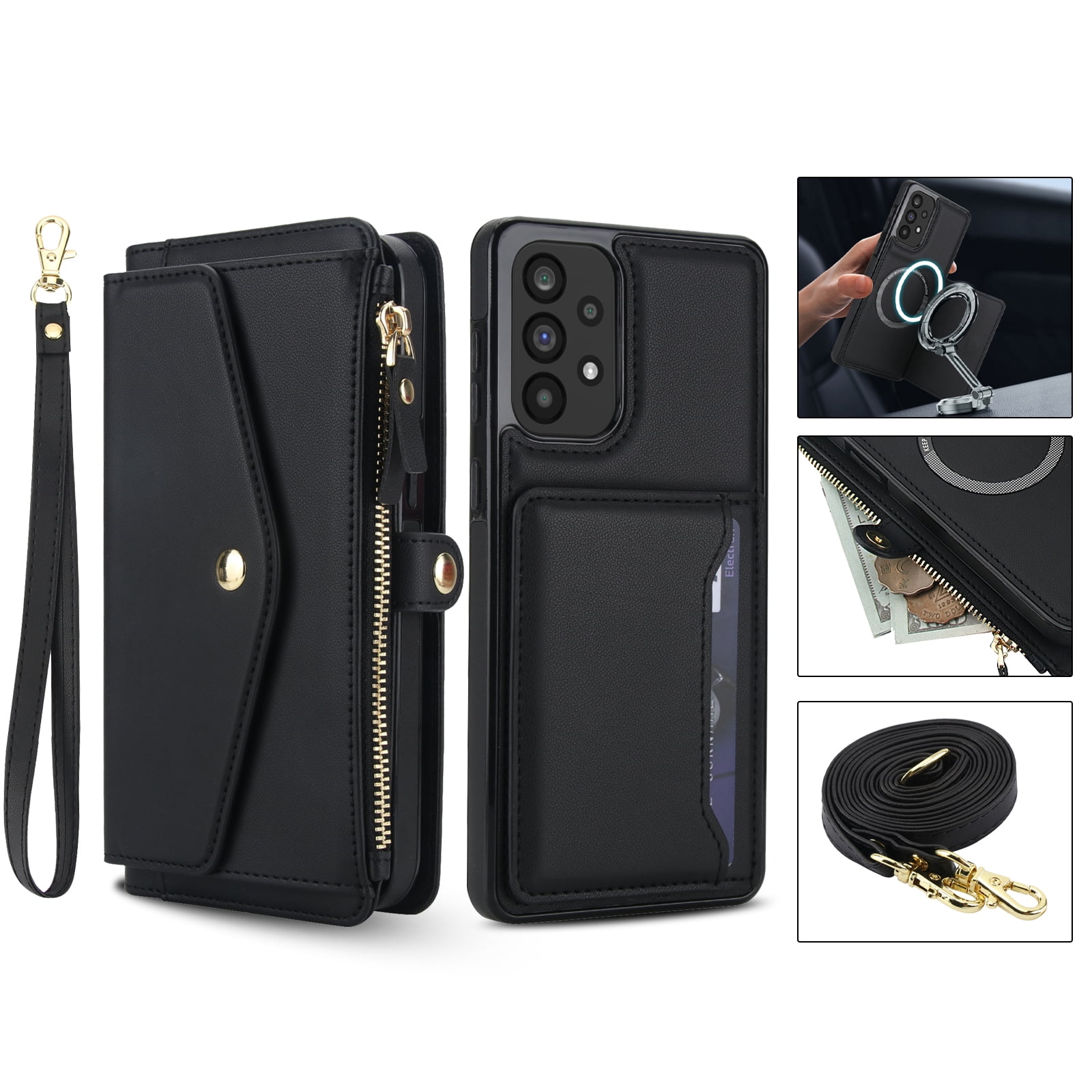 Designed for Samsung Galaxy A14 5G Multi-Function Wallet Phone Case,With Shoulder Strap&Wrist Strap,Cash Pocket&Card Slots,Zipper Purse,Magnetic Detachable PU Leather Flip Phone Case,Black