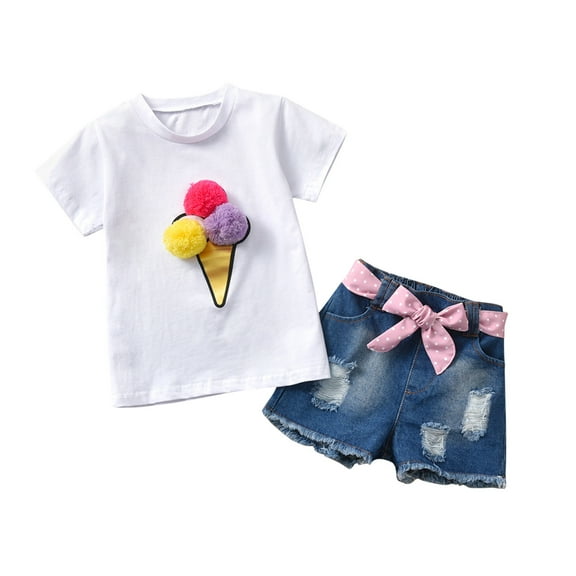 Mercatoo Baby Birthday Bodysuits Kids Ice Set Outfits Denim Shorts Baby Tops Ripped Girl Summer Toddler Girls Outfits 1 to 6Y