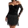 thumbnail image 1 of Vestido de lentejuelas BELLA BARNETT con hombros descubiertos y flecos negro, 1 of 5