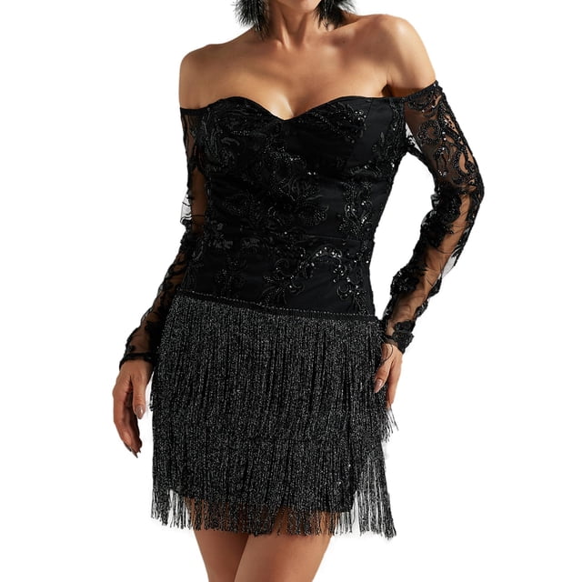 Vestido de lentejuelas BELLA BARNETT con hombros descubiertos y flecos negro