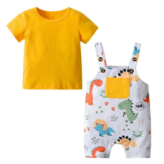 Baby Boy Girl Solid Short Sleeve Tops + Animal Style Overalls Shorts Summer Outfits Gray 18-24 Months