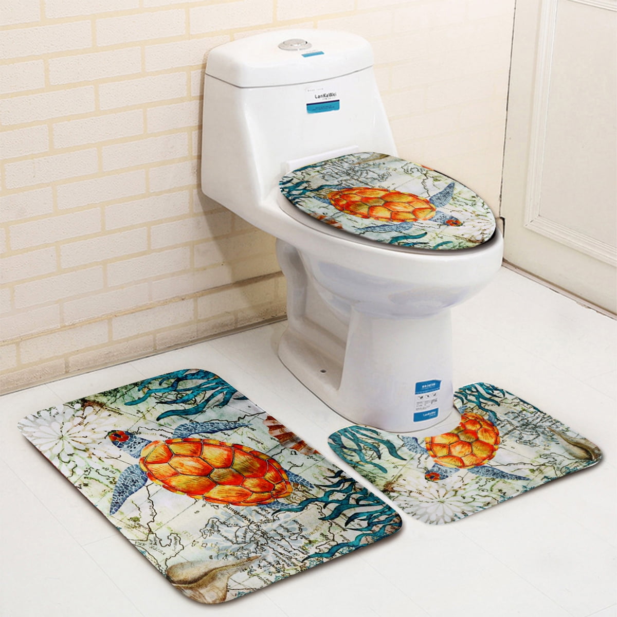 3Pcs Bathroom Non-Slip Tortoise Pattern Pedestal Rug+Lid Toilet Cover+Bath Mat
