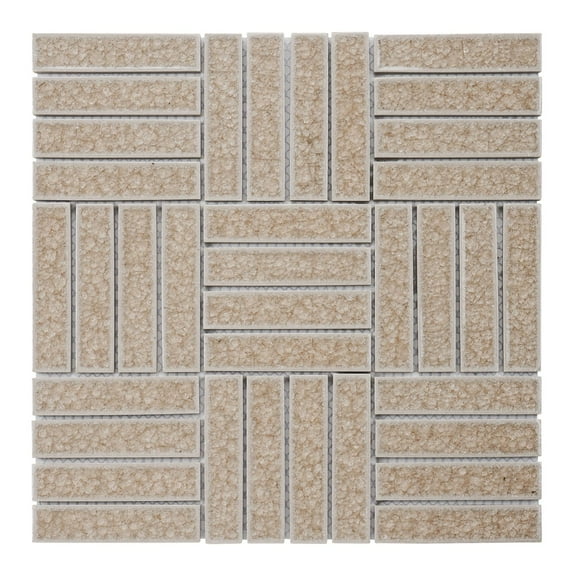 Modket TDH276CG Beige Cream Crackle Glass Basketweave Parquet Mosaic Tile Kitchen Backsplash