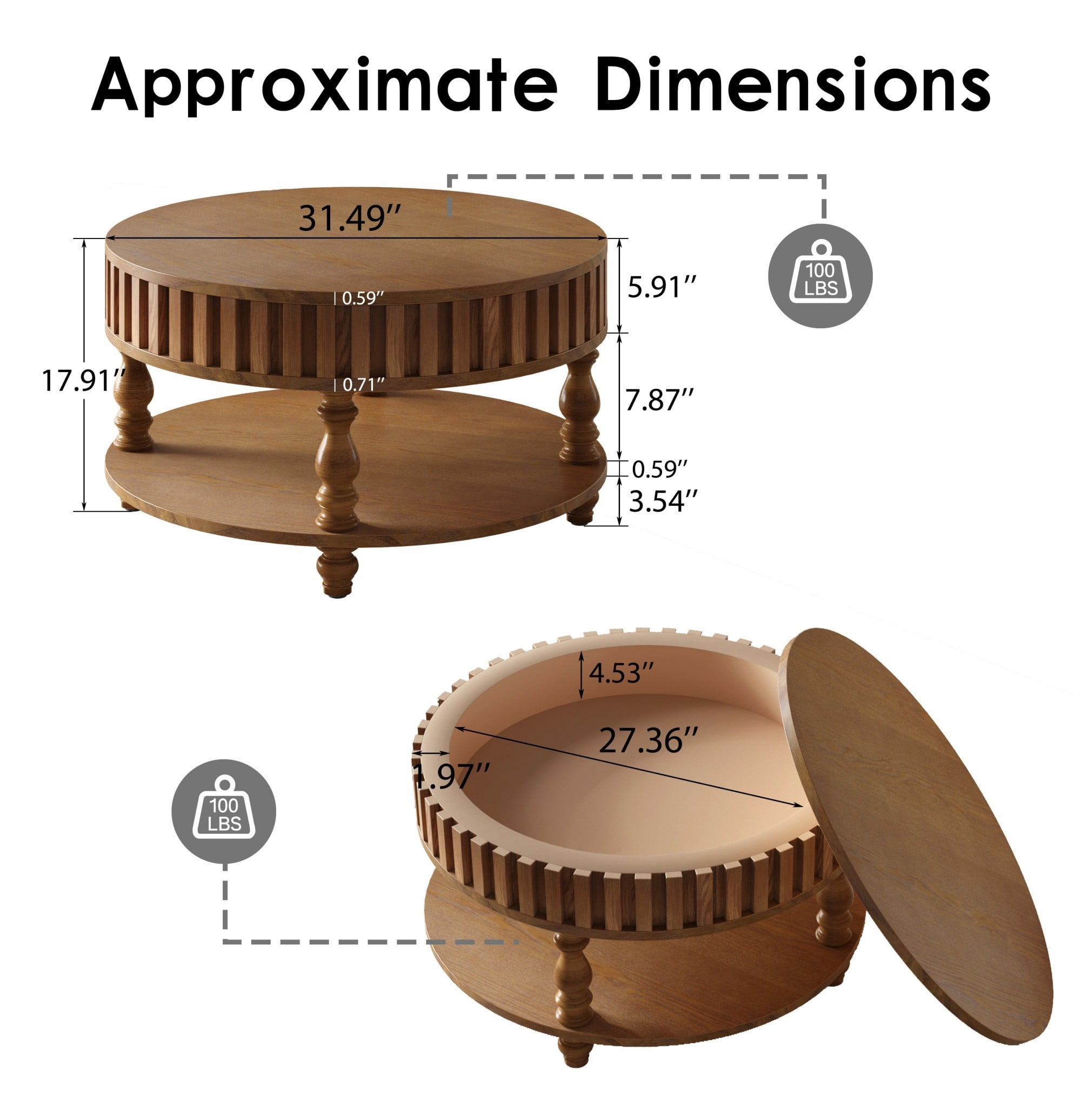 Fluted Coffee Table with Storage, 31.5" Round Coffee Table with Flip Top Lid and Shelf, Mid Century Modern Center Table for Living Room, Walnut