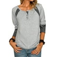 thumbnail image 1 of Gvmfive Juniors' Solid Long Sleeve Striped Pattern Stitching Round Neck Buttons Casual Tops, 1 of 5