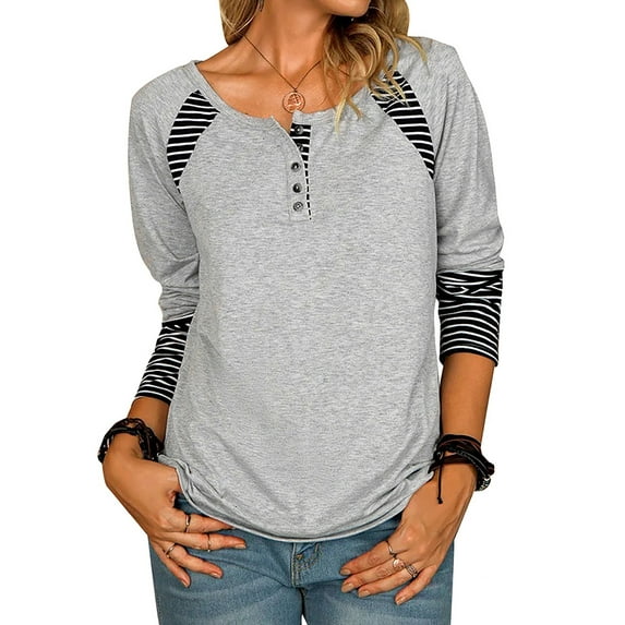 Gvmfive Juniors' Solid Long Sleeve Striped Pattern Stitching Round Neck Buttons Casual Tops
