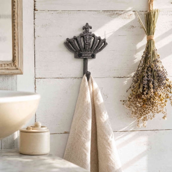 Vintage Cast Iron Crown Wall Hook, Rustic Ornate Metal Coat Hanging Hook, Decorative Heavy Duty Wall Mount Hanger for Entryway Bathroom Bedroom Home Decor